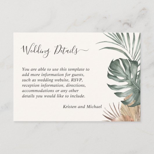 Boho Tropical Monstera laat bruiloft details Informatiekaartje (Voorkant)