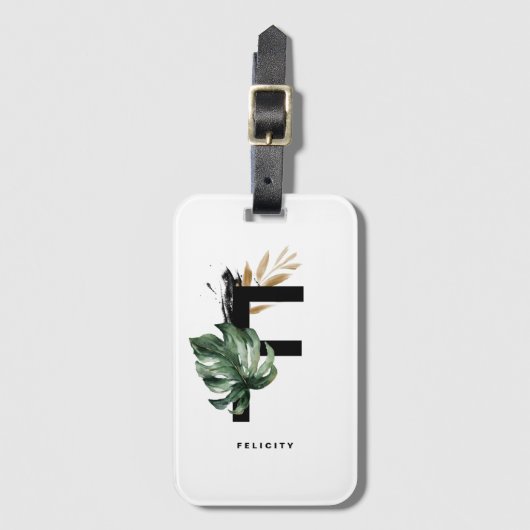 Boho Tropical Monstera Leaf Letter F Monogram Bagagelabel (Voorkant (verticaal))
