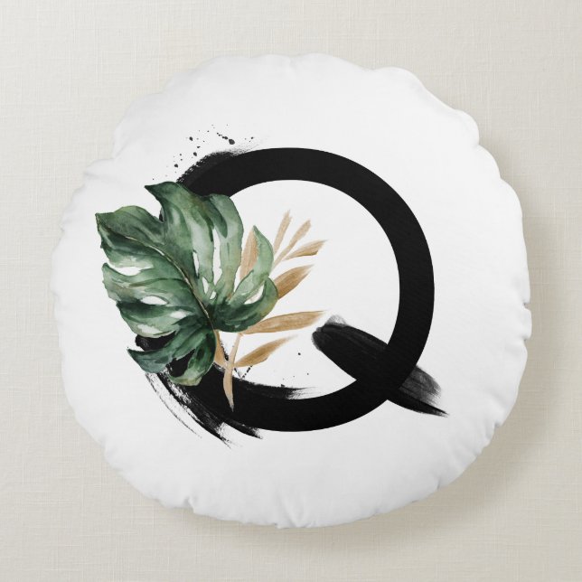 Boho Tropical Monstera Leaf Letter Q Monogram Rond Kussen (Voorkant)