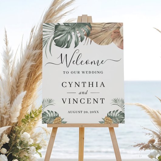 Boho Tropical Monstera Leaves Wedding Welcome Sign Poster
