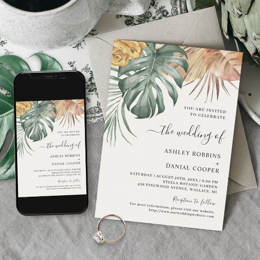 Boho Tropical Oasis Leaves Wedding Kaart