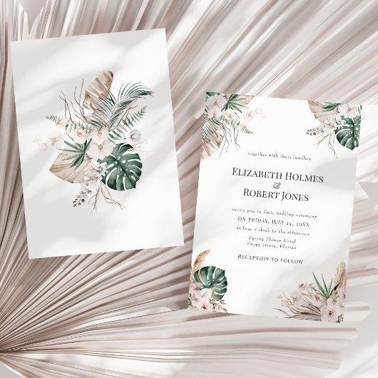 Boho Tropical Orchid & Monstera Huwelijksuitnodigi Kaart