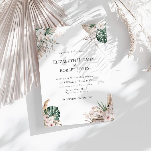 Boho Tropical Orchid & Monstera Huwelijksuitnodigi Kaart