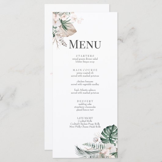 Boho Tropical Orchid & Monstera Wedding Menu Kaart (Voorkant / Achterkant)