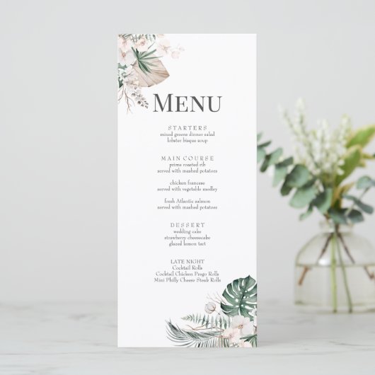 Boho Tropical Orchid & Monstera Wedding Menu Kaart (Staand voorkant)
