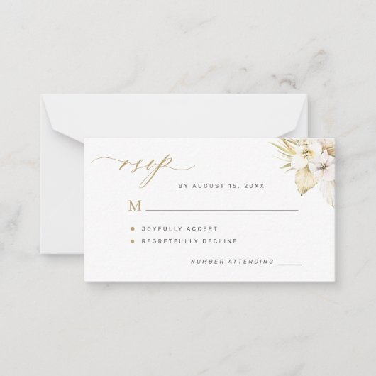 Boho tropical orhid gold script bruiloft RSVP Notitiekaartje (Voorkant)