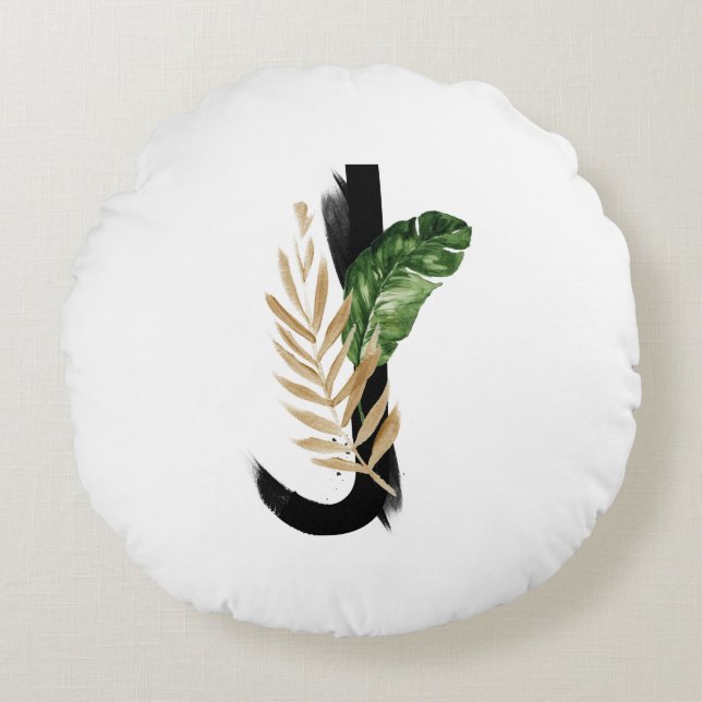 Boho Tropical Palm Leaves Letter J Monogram Rond Kussen (Voorkant)
