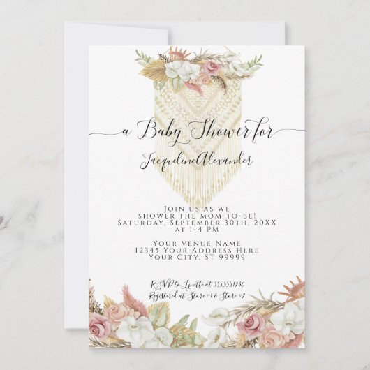 Boho Tropical Pampas Grass Floral Girl Baby shower Kaart (Voorkant)