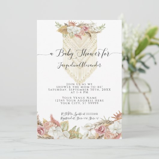 Boho Tropical Pampas Grass Floral Girl Baby shower Kaart (Staand voorkant)