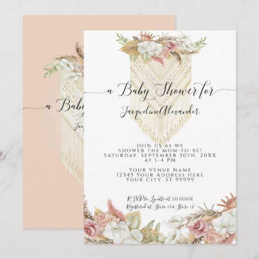 Boho Tropical Pampas Grass Floral Girl Baby shower Kaart (Voorkant / Achterkant)