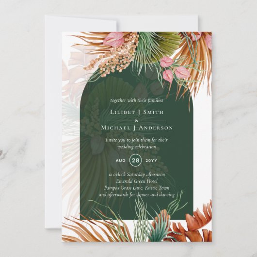 BOHO Tropical Pampas Grass Wedding Kaart (Voorkant)