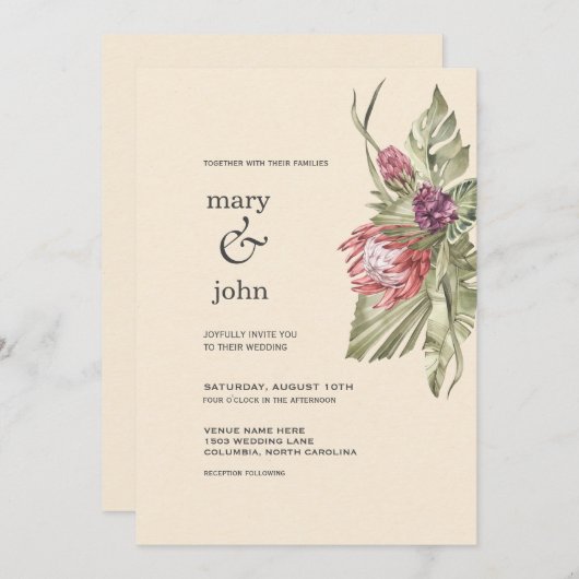 Boho Tropical Protea Invitation Kaart (Voorkant / Achterkant)