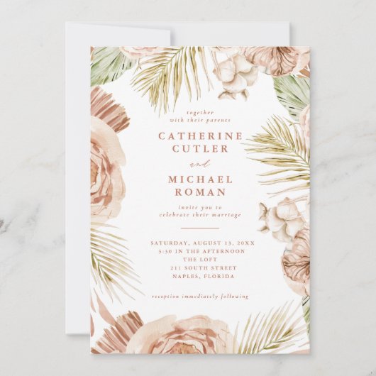 Boho Tropical Rozen Wedding Kaart (Voorkant)