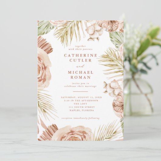 Boho Tropical Rozen Wedding Kaart (Staand voorkant)