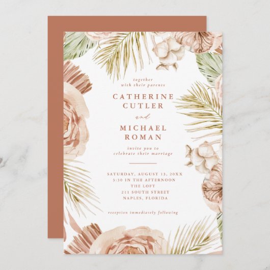 Boho Tropical Rozen Wedding Kaart (Voorkant / Achterkant)