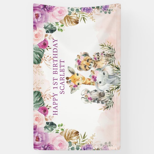 Boho Tropical Safari Oerwoud Floral Happy Birthday Spandoek (Verticaal)