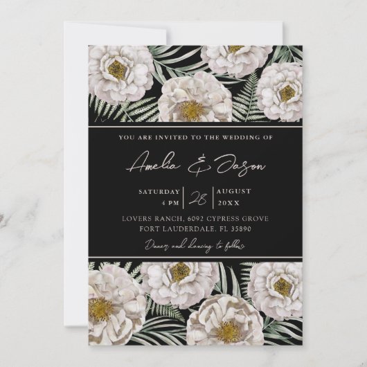Boho Tropical White Floral & Black Wedding Kaart (Voorkant)