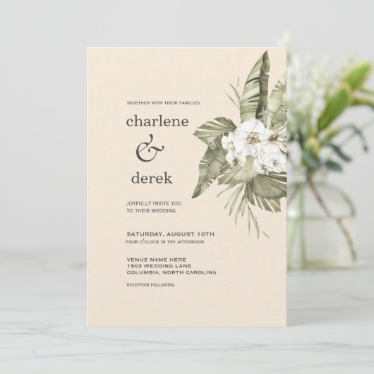 Boho Tropical White Orchid Invitation Kaart (Staand voorkant)