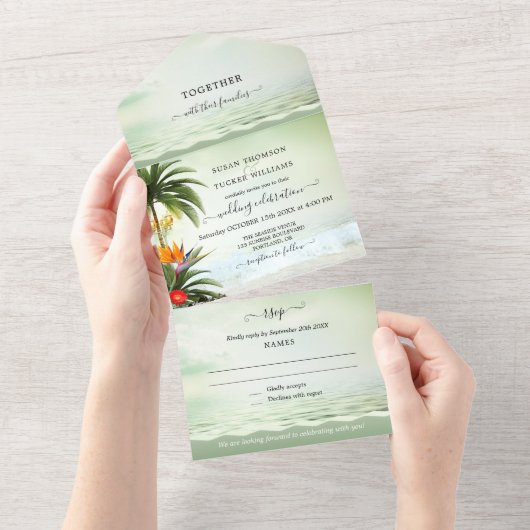 Boho Tropisch Beach All in One Wedding Invitation All In One Uitnodiging (Afscheurbaar)