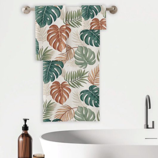 Boho Tropisch Blad Patroon Roest Groen Beige Bad Handdoek