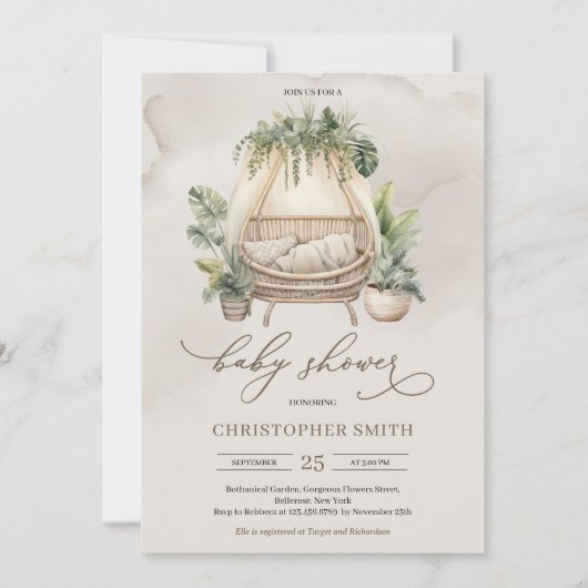 Boho tropisch groen en beige baby wieg kaart (Voorkant)