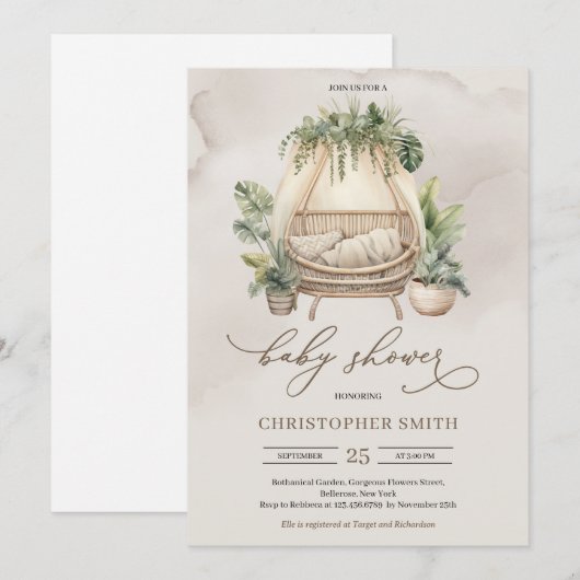 Boho tropisch groen en beige baby wieg kaart (Voorkant / Achterkant)