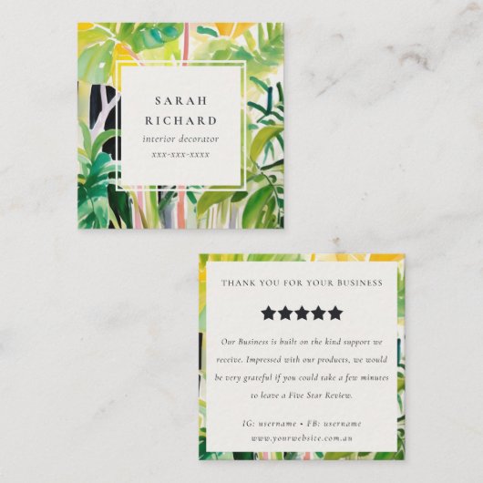 Boho Tropisch Loof Botanische Review Verzoek Vierkante Visitekaartje (Voorkant / Achterkant)