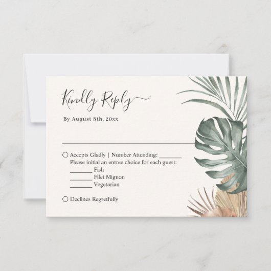 Boho Tropisch Monstera Leaves Wedding RSVP Kaartje (Voorkant)