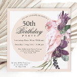 Boho Tropisch Roze Parrot Floral 50e verjaardag Kaart<br><div class="desc">Plan een gedenkwaardige viering van de 50ste verjaardag (of een andere leeftijd) met dit prachtige boho-tropische thema dat zo vrouwelijk is! Deze unieke vierkant uitnodiging heeft een exotische roze papegaai die op een bouquet van luchtige tropische bloemen zit, met paarse protea en orchideeën met sleepwijnstokken en groen. Een rond lijst...</div>