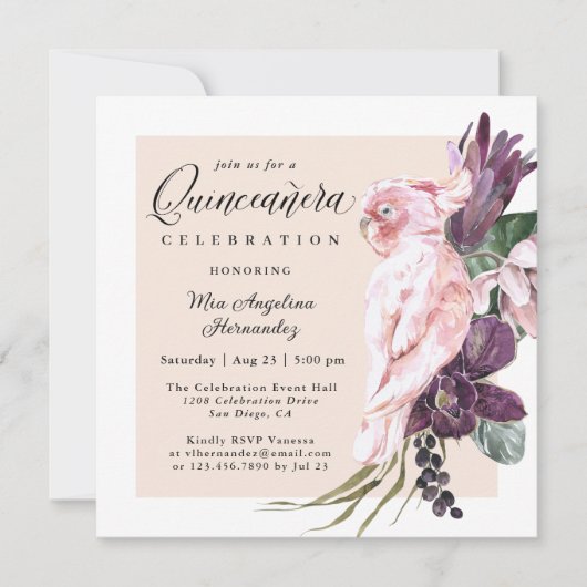 Boho Tropisch Roze Parrot Floral Quinceanera Kaart (Voorkant)