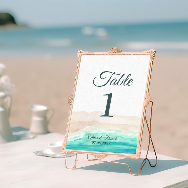 Boho Tropisch Strand Bruiloft Tafel Nummerkaart (Boho Tropical Beach and Palm Trees Table Number on a sunny beach)