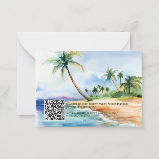 Boho Tropisch Strand QR Code RSVP Trouwen Notitiekaartje (Achterkant)