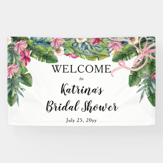 Boho tropische bladeren | Roze Bloemen Vrijgezelle Spandoek (Horizontaal)