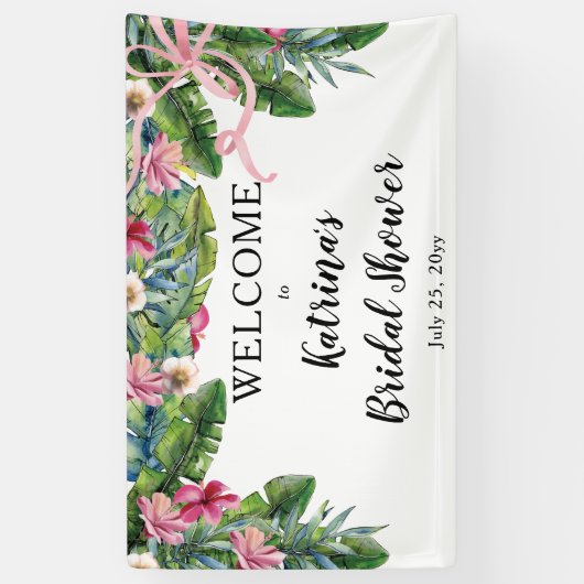 Boho tropische bladeren | Roze Bloemen Vrijgezelle Spandoek (Verticaal)