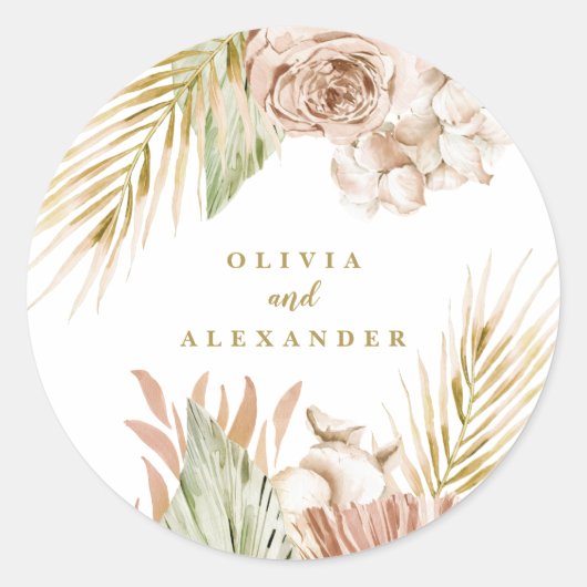Boho Tropische Bloemen en Palm Wedding Ronde Sticker (Voorkant)