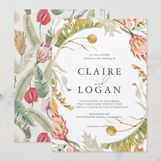 Boho Tropische Botanische Waterverf Bruiloft Kaart (Voorkant / Achterkant)