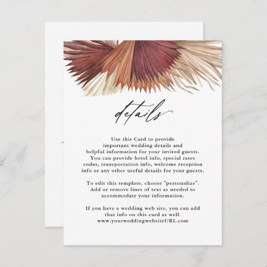 Boho Tropische Fan Palms Bruiloft Details Info Informatiekaartje (Voorkant / Achterkant)