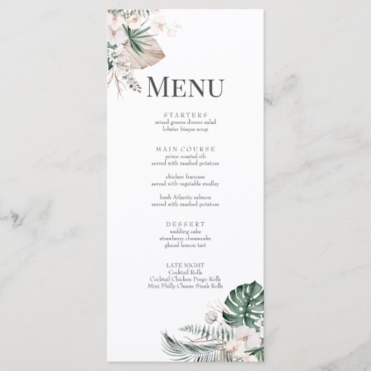 Boho Tropische Orchidee & Monstera Trouwmenu Kaart (Voorkant)