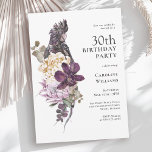 Boho Tropische Paarse papegaai 30ste verjaardag Kaart<br><div class="desc">Een unieke mooie boho tropische waterverf bloemige 30e verjaardagsfeestuitnodiging met een weelderig kleurenpalet in paarse, pruim, beige (gebroken wit) en groen. Een mooie grote paarse papegaai zit op een luxe boeket exotische tropische bloemen. Het kleurenschema is perfect voor verjaardagsevenementen in alle seizoenen en heeft een rustieke charme. De prachtige bloemen...</div>