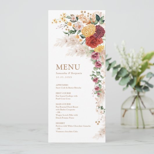 Boho Tropische Pampas Flowers Wedding Menu Kaarten (Staand voorkant)