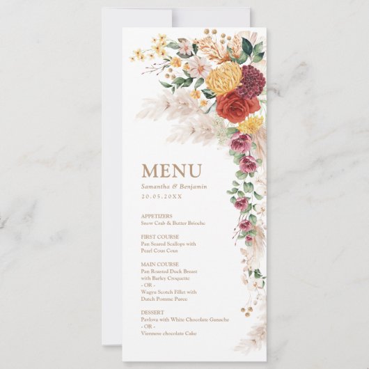 Boho Tropische Pampas Flowers Wedding Menu Kaarten (Voorkant)