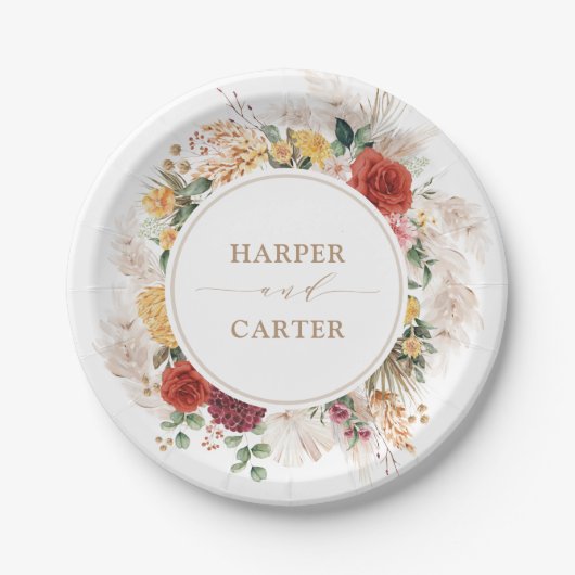  Boho Tropische Pampas Grass Floral Wedding Papieren Bordje (Voorkant)