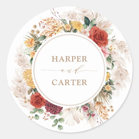  Boho Tropische Pampas Grass Floral Wedding Ronde Sticker (Voorkant)