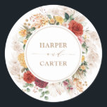 Boho Tropische Pampas Grass Floral Wedding Ronde Sticker<br><div class="desc">Deze prachtige boho-geïnspireerde sticker etiketten zullen je bruiloft een perfecte aanraking geven. Het ontwerp is uitgerust met roestrijke waterverf bloemen,  pamapgras en luiftige tropische groen,  in combinatie met moderne typografie.</div>