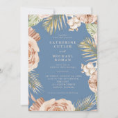Boho Tropische Rozen Dusty Blue Wedding Kaart (Voorkant)