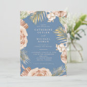 Boho Tropische Rozen Dusty Blue Wedding Kaart (Staand voorkant)