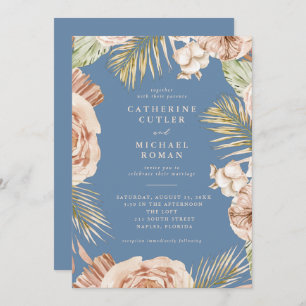 Boho Tropische Rozen Dusty Blue Wedding Kaart