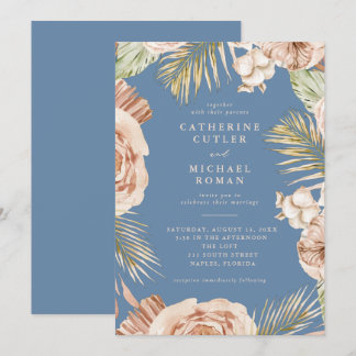 Boho Tropische Rozen Dusty Blue Wedding Kaart