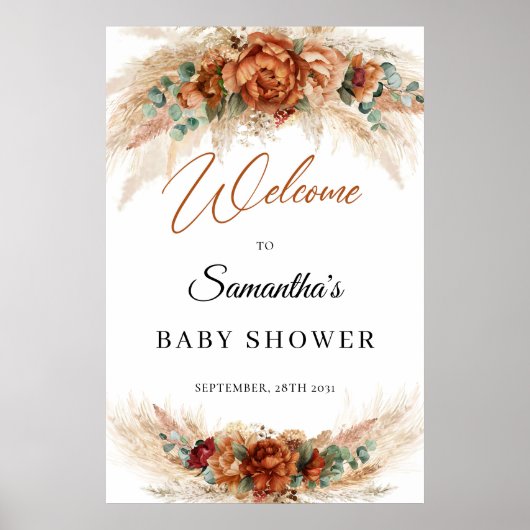 Boho tropische terracotta florale pampas baby show poster (Voorkant)