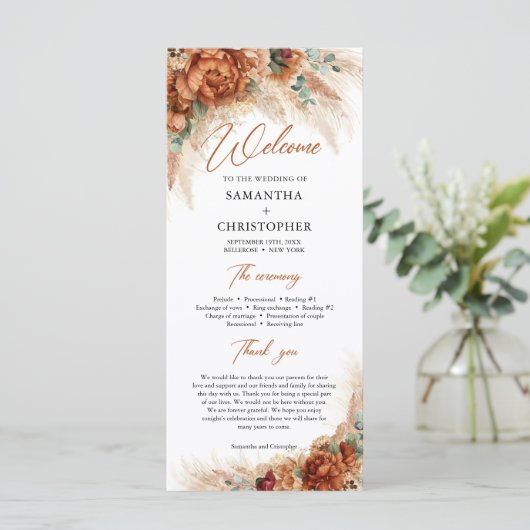 Boho tropische terracotta pampas eucalyptus bruilo programmakaart (Staand voorkant)